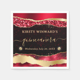 Red and Gold Glitter Glam Tears Bokeh Quinceanera Napkins