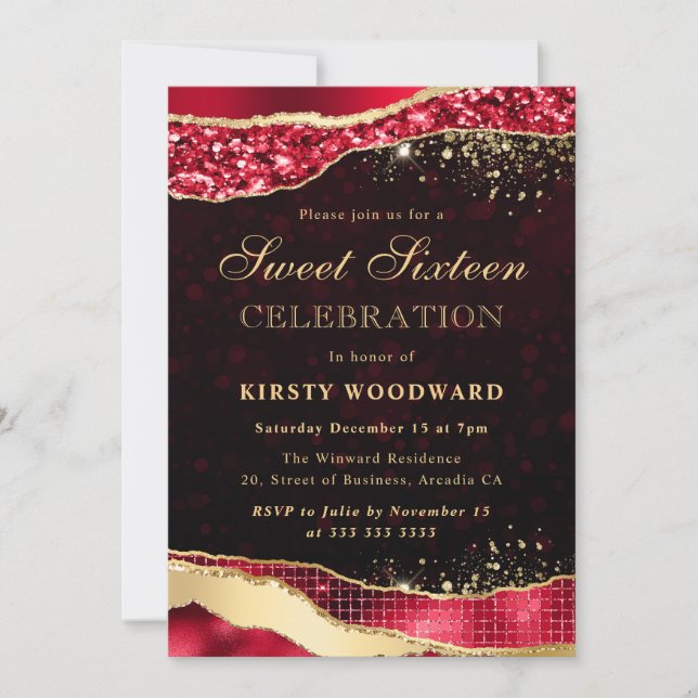 Red and Gold Glitter Glam Tears Sweet Sixteen Invitation (Front)