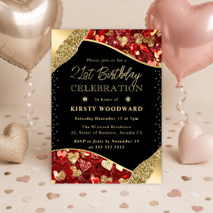 Red and Gold Glitter Hearts 21st Birthday Invitation