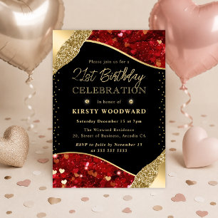 Red and Gold Glitter Hearts 21st Birthday Invitation