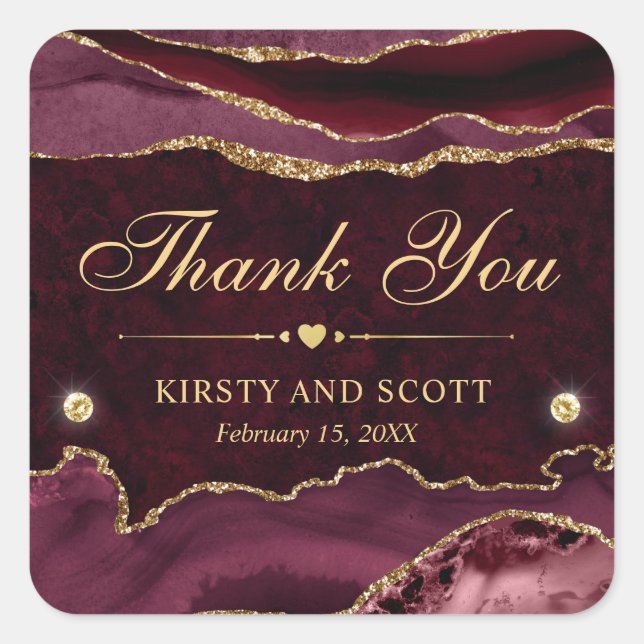 Red and Gold Glitter Marble Agate Wedding Square Sticker (Front)