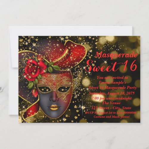 Red and Gold Glitter Masquerade Party Invitation