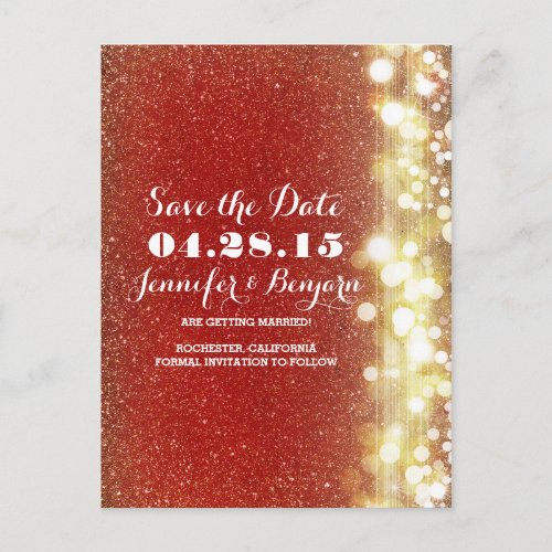 red and gold glitter string lights save the date announcement postcard