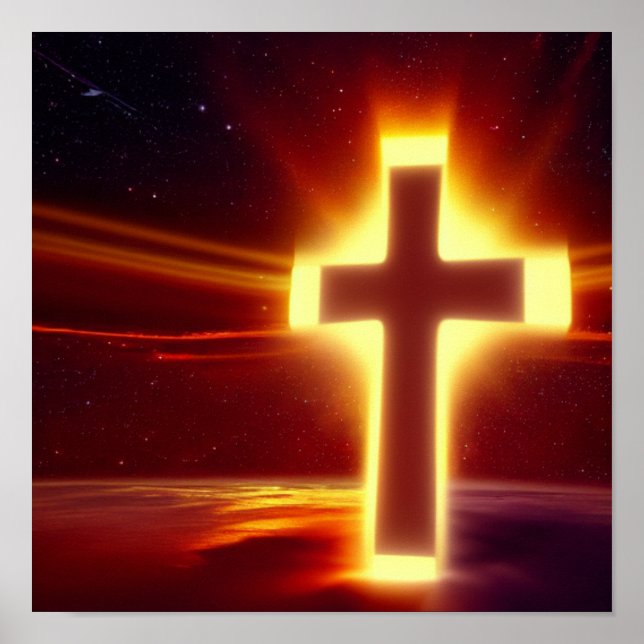 Red and Gold Glowing Cross Spacescape Poster (Front)