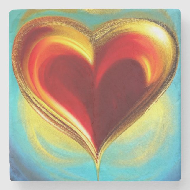 Red and Gold Glowing Heart Marble Coaster (Front)