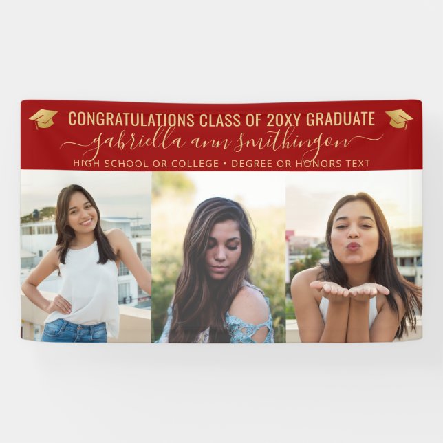 Red and Gold Graduation 3 Photo  Banner (Horizontal)