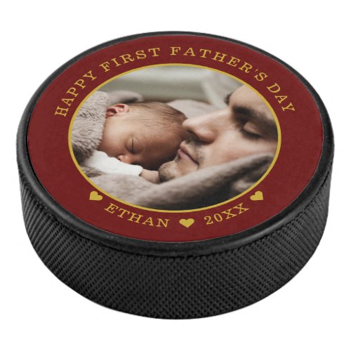 Red And Gold Happy First Fathers Day Photo   Hockey Puck