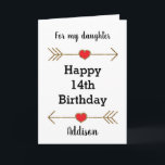 Red and Gold Heart Daughter 14th Birthday Card<br><div class="desc">A personalized 14th birthday card for daughter,  which you can easily personalize the front of the card with her name. Features glittery arrows with hearts. Inside this 14th birthday daughter reads a heartfelt message,  which can be easily personalized. This would make a unique birthday keepsake for her.</div>