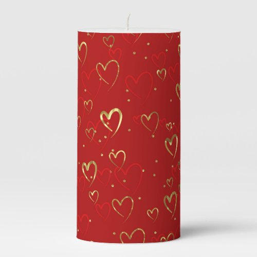 Red and gold hearts on red Valentines Pattern Pillar Candle