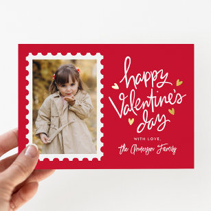 Red and Gold Hearts Stamp Photo Valentine's Day Foil Holiday Card