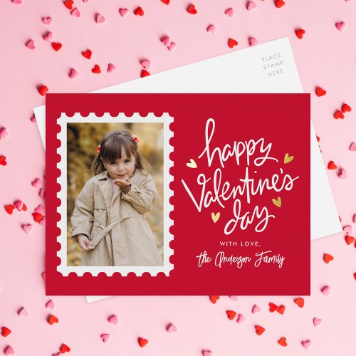 Red and Gold Hearts Stamp Photo Valentines Day Foil Holiday Postcard