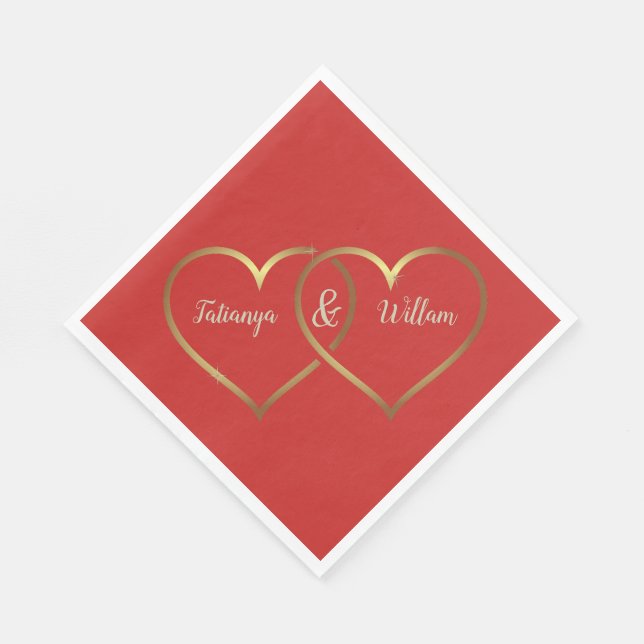 Red and Gold Hearts Wedding Paper Napkins (Corner)
