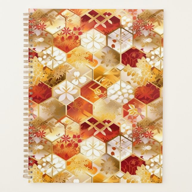 Red and Gold Hexagon Chiyogami Planner (Front)