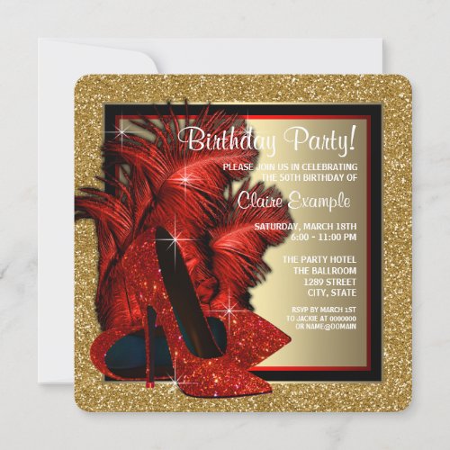 Red and Gold High Heels Birthday Party Invitation