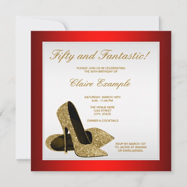 Red and Gold High Heels Womans 50th Birthday Invitation (Front)