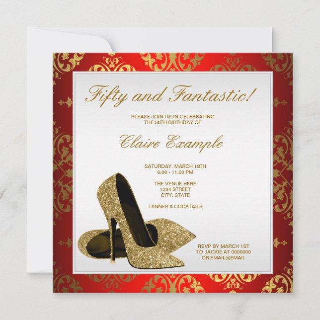 Red and Gold High Heels Womans 50th Birthday Invitation (Front)