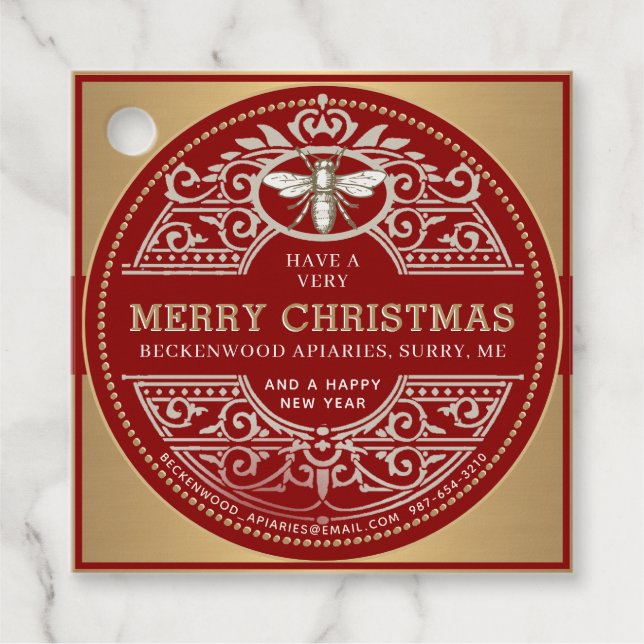 Red and Gold Holiday Honey Label Bee Ornate (Front)
