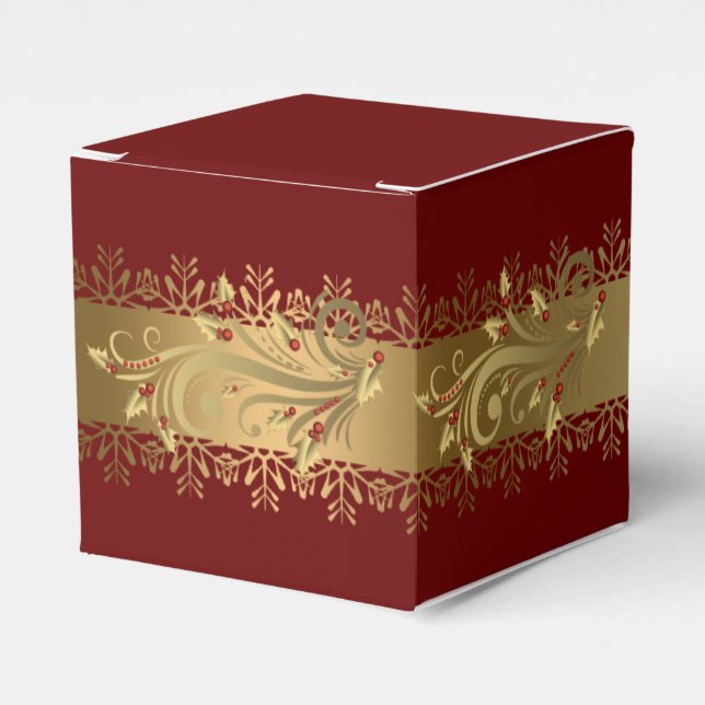 Red and Gold Holly Corporate Holiday Gift Favor Boxes (Front Side)