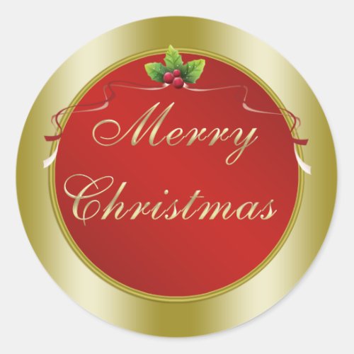 Red and Gold Holly  Merry Christmas Classic Round Sticker