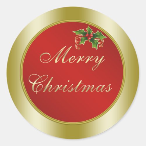 Red and Gold Holly  Merry Christmas Classic Round Sticker