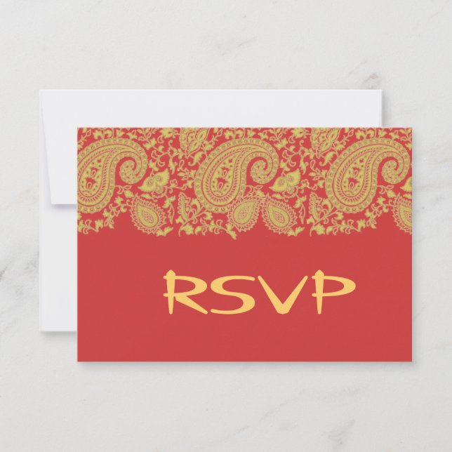 Red and gold indian damask RSVP Card (Front)