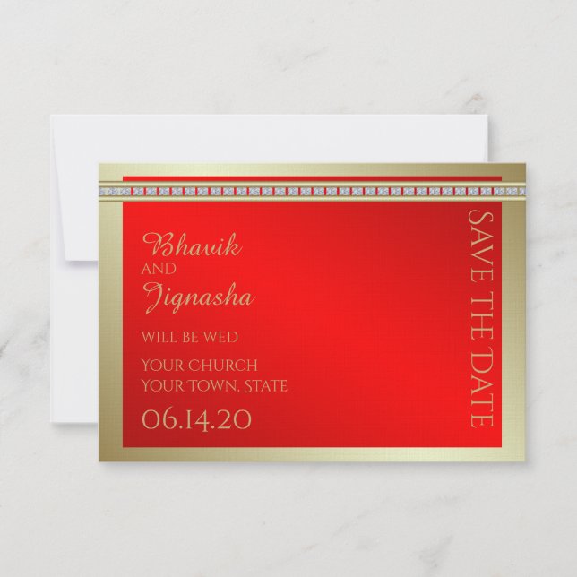 Red and Gold Indian Damask Wedding Save the Date (Front)