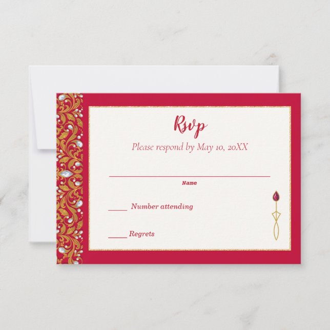 Red and Gold Indian Hindu Ornate Wedding RSVP Card (Front)