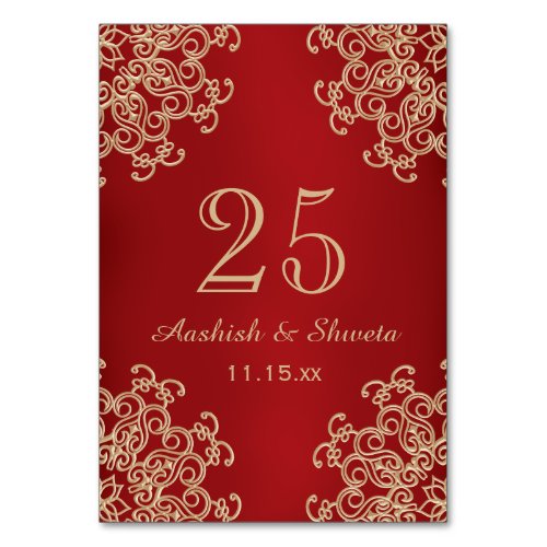 Red and Gold Indian Style Wedding Number Table Number
