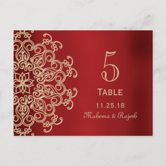 RED AND GOLD INDIAN WEDDING TABLE NUMBER CARD