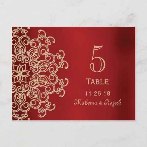 RED AND GOLD INDIAN WEDDING TABLE NUMBER CARD