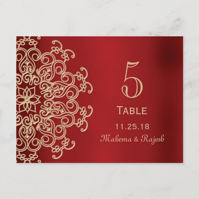 RED AND GOLD INDIAN WEDDING TABLE NUMBER CARD (Front)