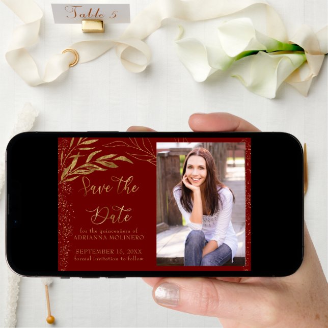 Red and Gold Leaf with Calligraphy and Photo Save The Date (Front Digital)
