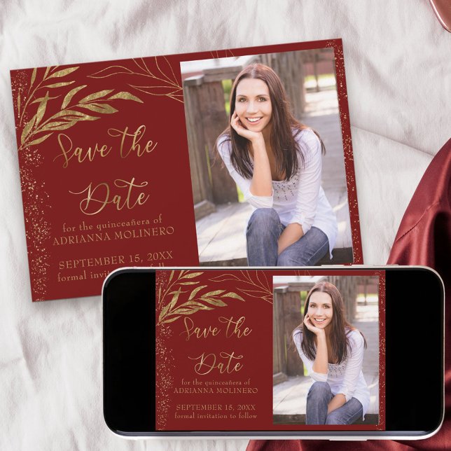 Red and Gold Leaf with Calligraphy and Photo Save The Date (Quinceanera save the date with photo in red and gold, from my Gold Leaf Collection
)