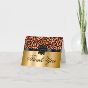 Red and Gold Leopard Glam Black Gift Bow Letterpress Thank You Card