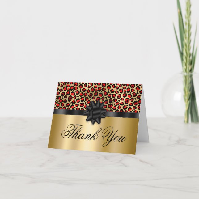 Red and Gold Leopard Glam Black Gift Bow Thank You Card (Front)