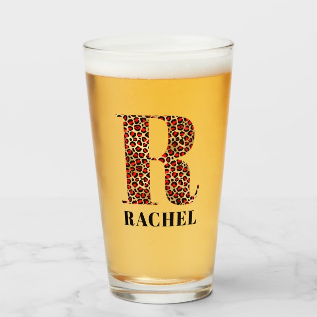 Red and Gold Leopard Glam Monogram R Glass (Front Filled)