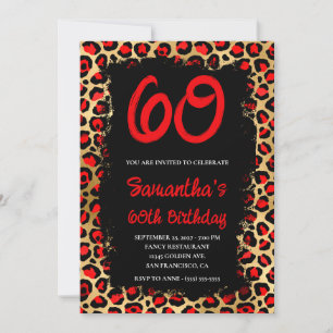 Red and Gold Leopard Painted Black 60th Birthday Invitation