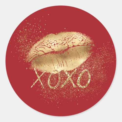 Red and Gold Lips Kiss Gold Glitter XOXO Classic Round Sticker