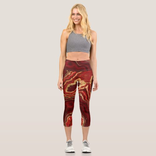 Red and gold Liquid Marble Abstract Capri Leggings