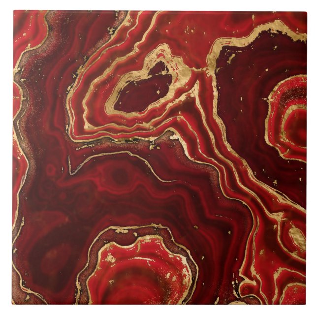 Red and gold Liquid Marble Abstract Ceramic Tile (Front)