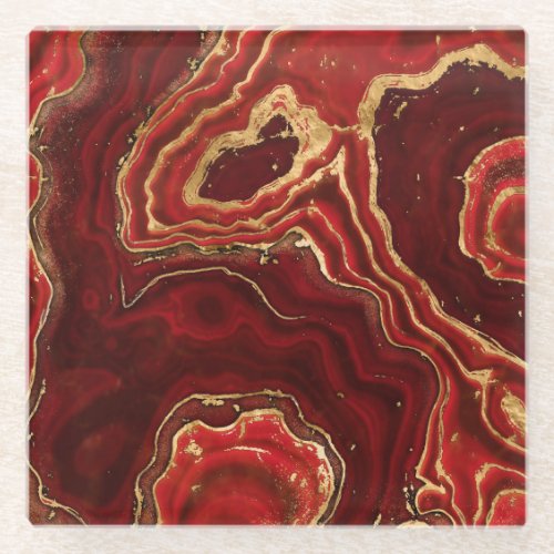 Red and gold Liquid Marble Abstract Glass Coaster