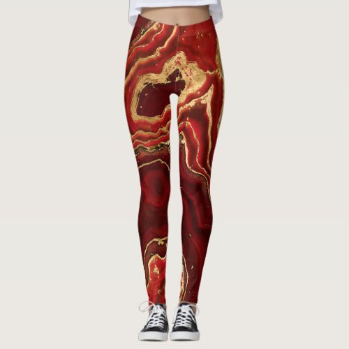 Red and gold Liquid Marble Abstract Leggings
