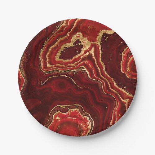 Red and gold Liquid Marble Abstract Paper Plates