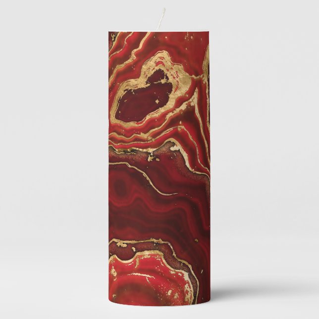 Red and gold Liquid Marble Abstract Pillar Candle (Front)