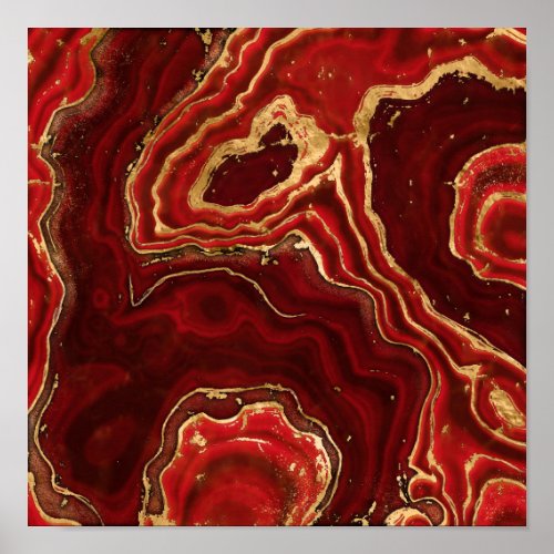 Red and gold Liquid Marble Abstract Poster