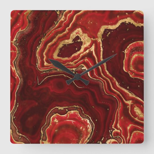 Red and gold Liquid Marble Abstract Square Wall Clock