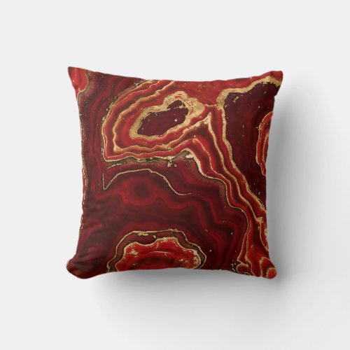 Red and gold Liquid Marble Abstract Throw Pillow