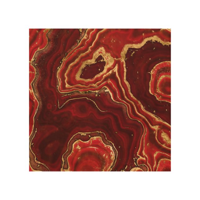 Red and gold Liquid Marble Abstract Wood Wall Art (Front)