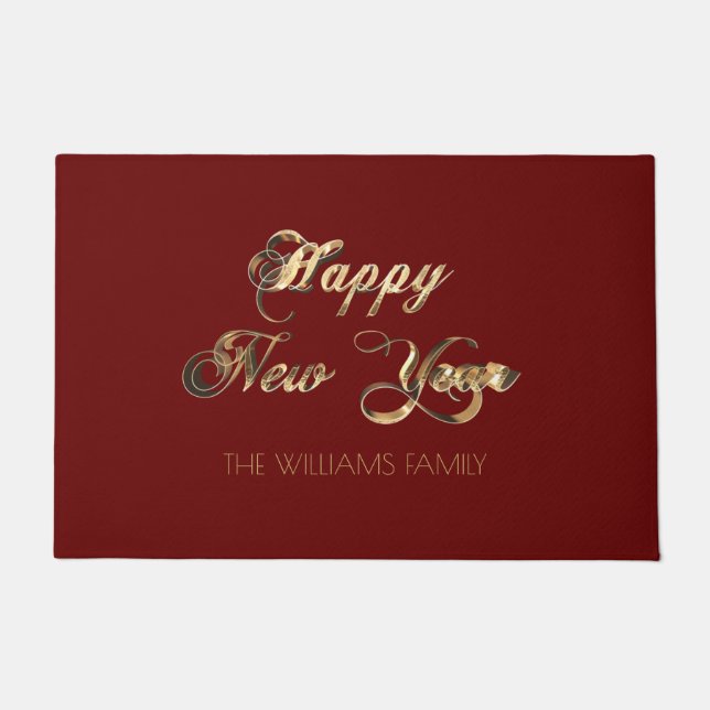 Red and Gold Look Script Happy New Year Doormat (Front)