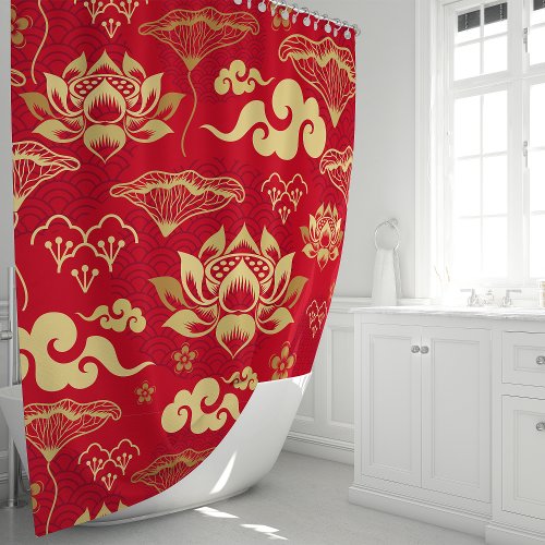 Red And Gold Lotus Floral Oriental Pattern Shower Curtain